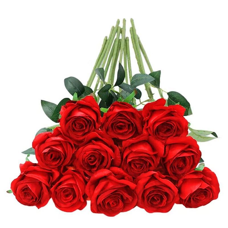 Tifuly 12 Pcs Red Roses Artificial Flowers,Realistic Long Stem Fake Silk Roses Bouquet for Party Home Wedding Centerpiece Office Decor - Image 1